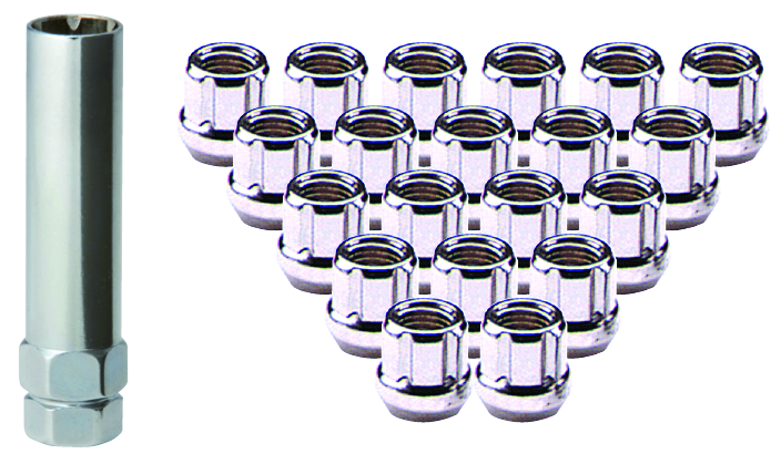 RTX® - TN0102-20 - Lug Nut Kits - Open End Spline Drive Lug Nuts & Key - 20 Nuts - Zinc - Conical - 1/2