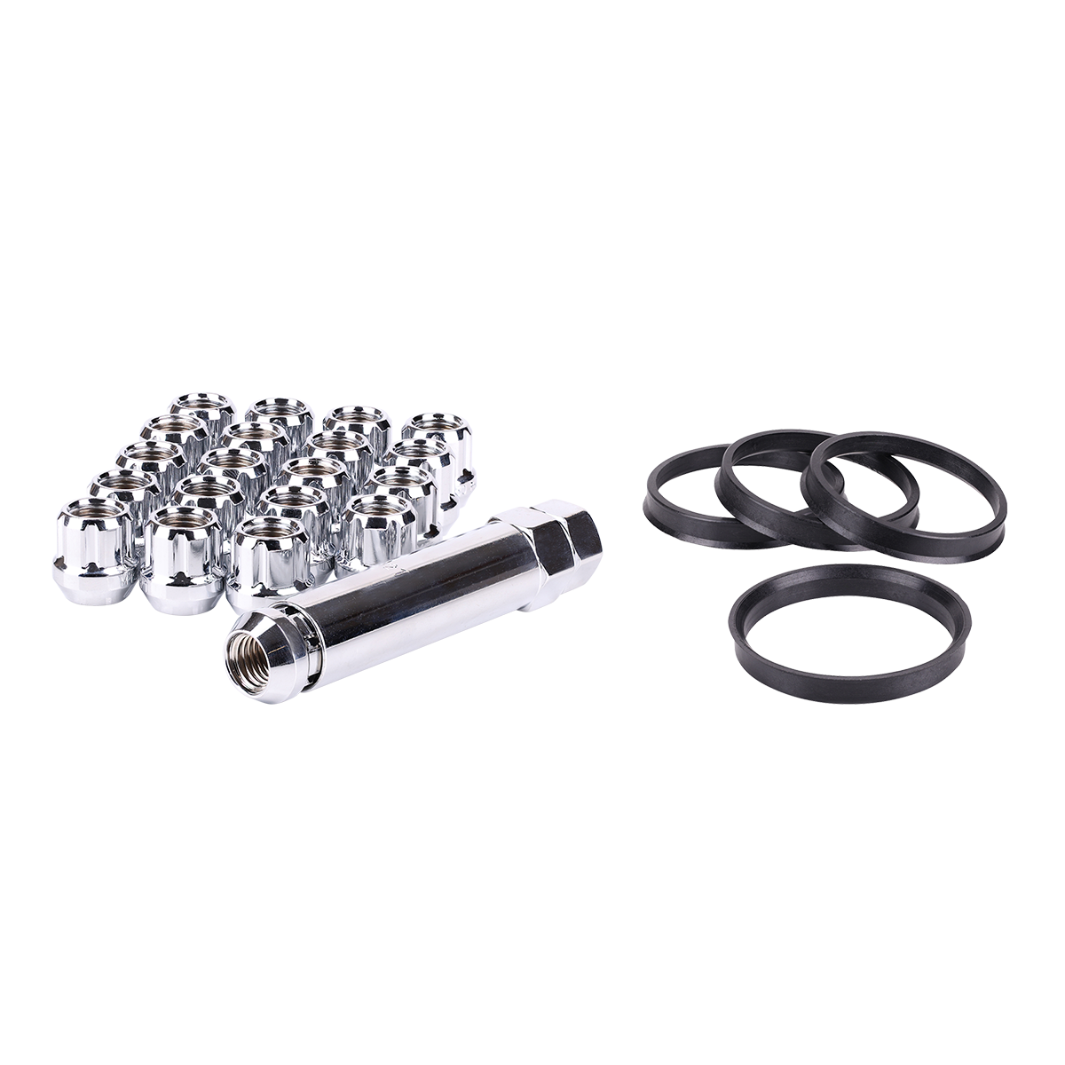 RTX® - KIT-154 - Complete Wheel Kits - Open End Spline Drive Lug Nuts - Hub Rings - Key - 20 Nuts - Chrome - Conical - 12M X 1.5